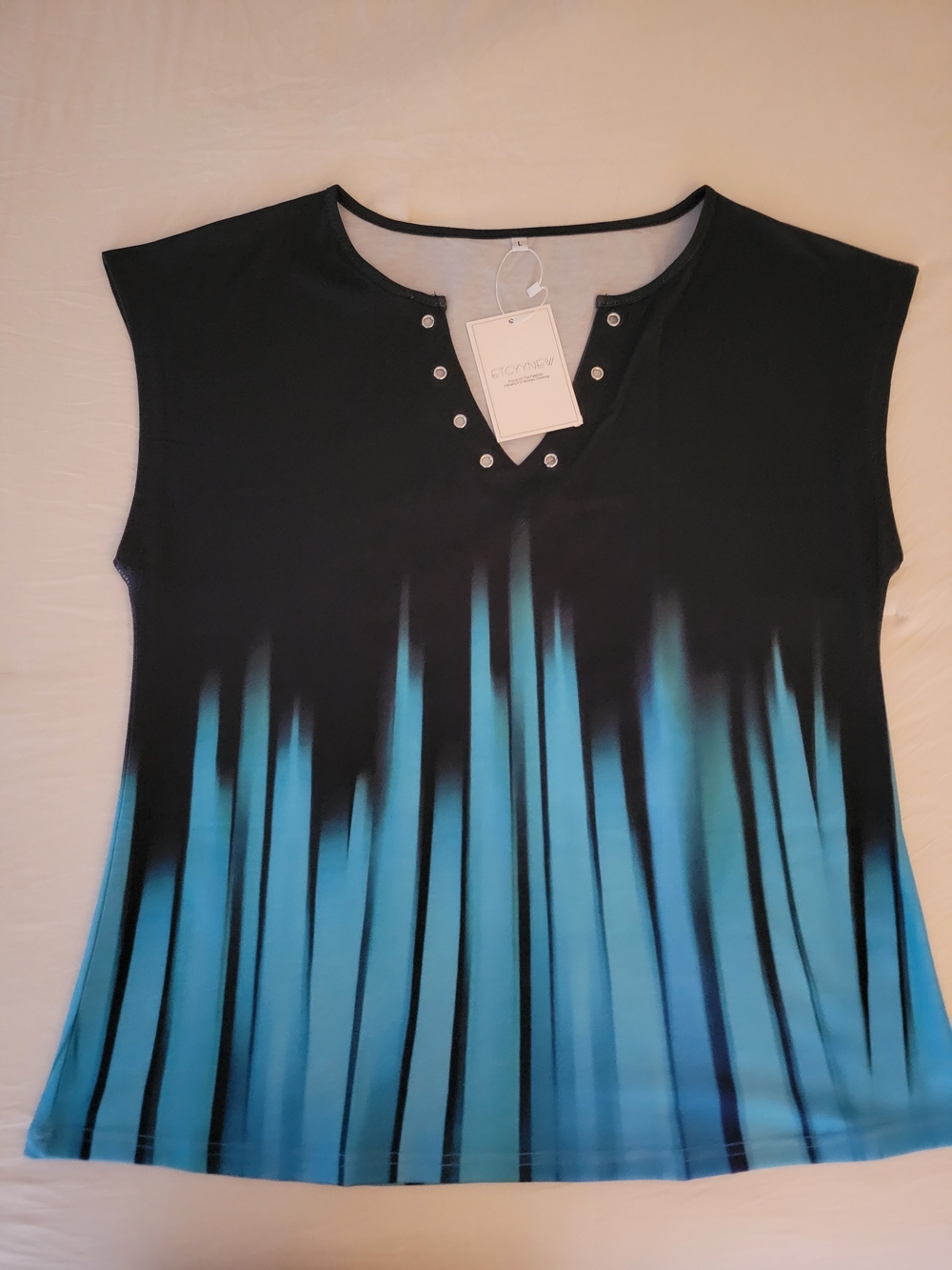 NWT! ETCYY - Womens Large Modern Gradient Black & Teal Sleeveless Top